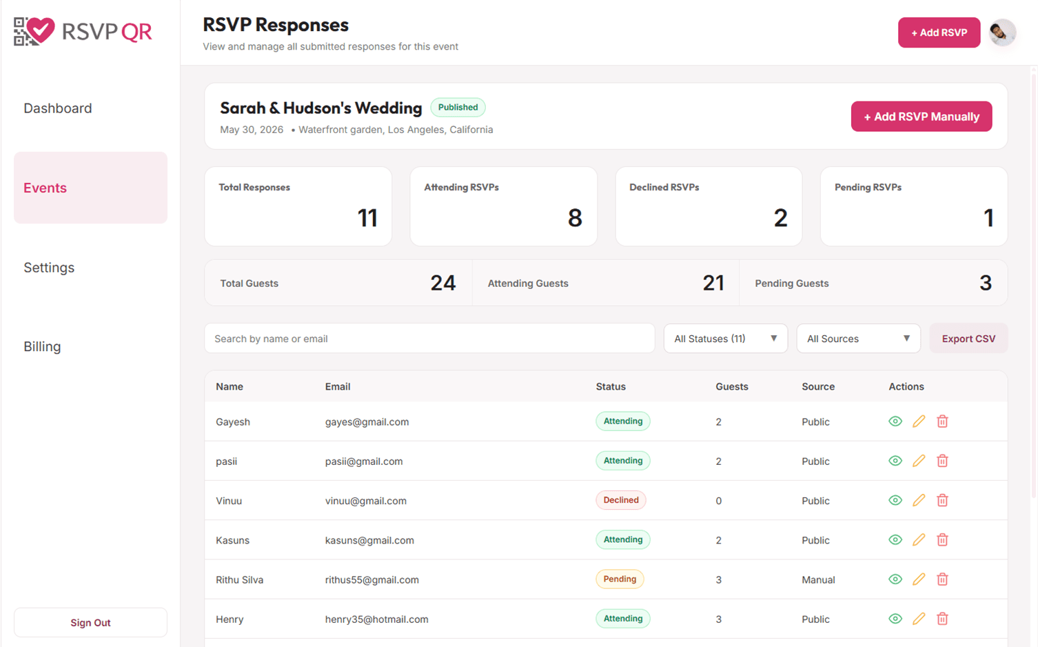 QR RSVP dashboard preview