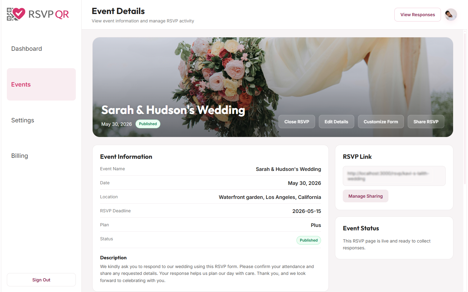 Online wedding RSVP website dashboard preview